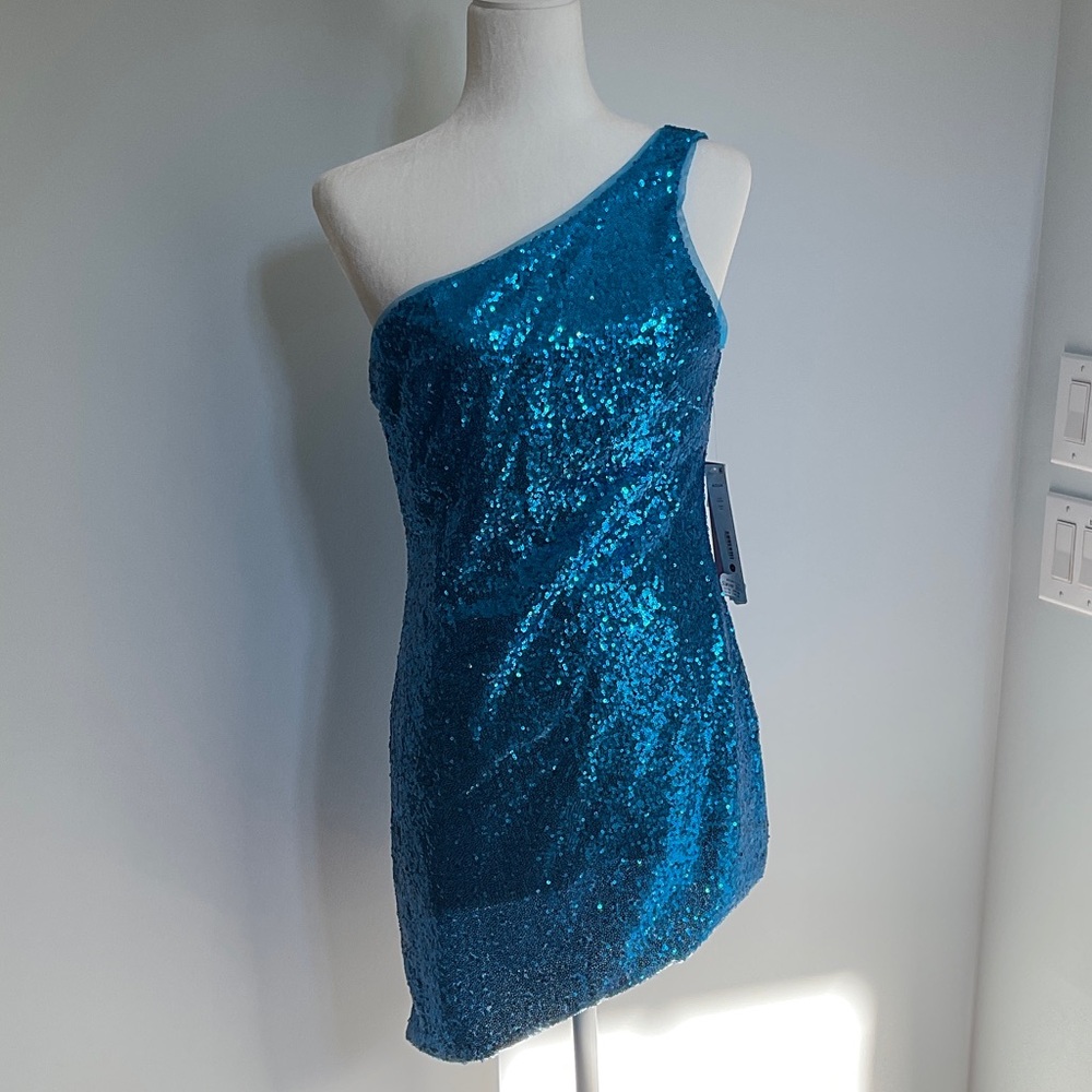 Aqua One Shoulder Glittering Blue Dress